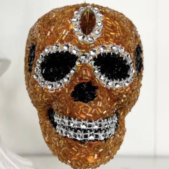 Beaded Intricate Brown or Orange Skull Ornament Halloween, Christmas Decoration - Picture 8 of 9